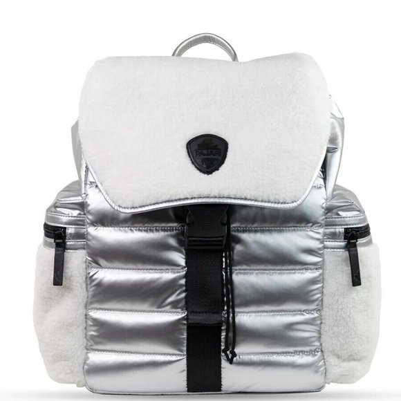 PAJAR Canada Silver White Puffy Shearling Fur Black Large Backpack Bag Purse - Picture 1 of 5